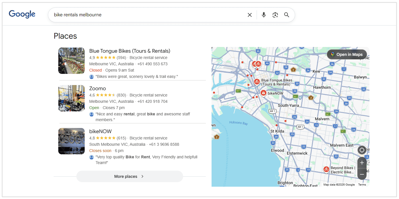 bike rentals Melbourne Map Pack